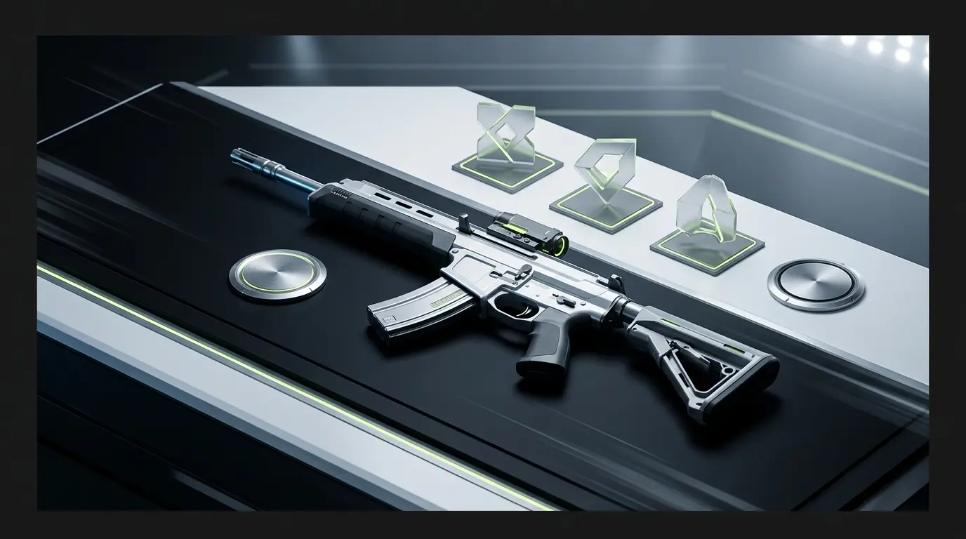 Futuristic tactical rifle with abstract ability shards and a metallic mastery emblem in a dark esports arena