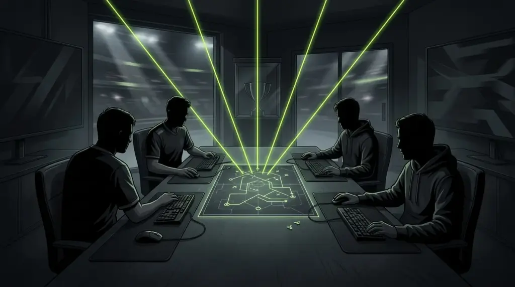 FURIA players shown as silhouettes in a tactical team room focused on collective accountability after a trophyless season