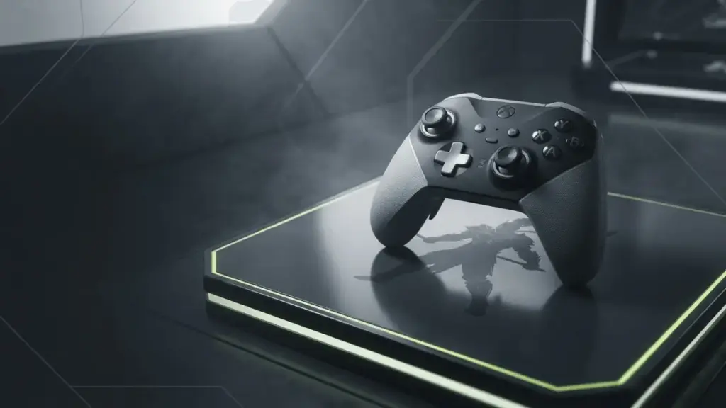 Game controller and fantasy fighter silhouette under neon-lime arena lighting, representing a fighting game free edition ending.
