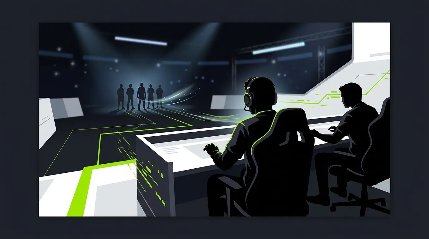 Anonymous esports players preparing for a major roster move on a neon-lit competitive stage