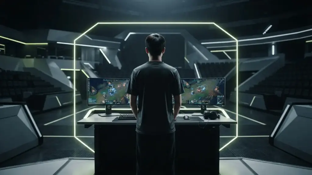 Anonymous esports player framed by neon-lime arena lighting, symbolizing Jojopyun’s Movistar KOI contract extension.
