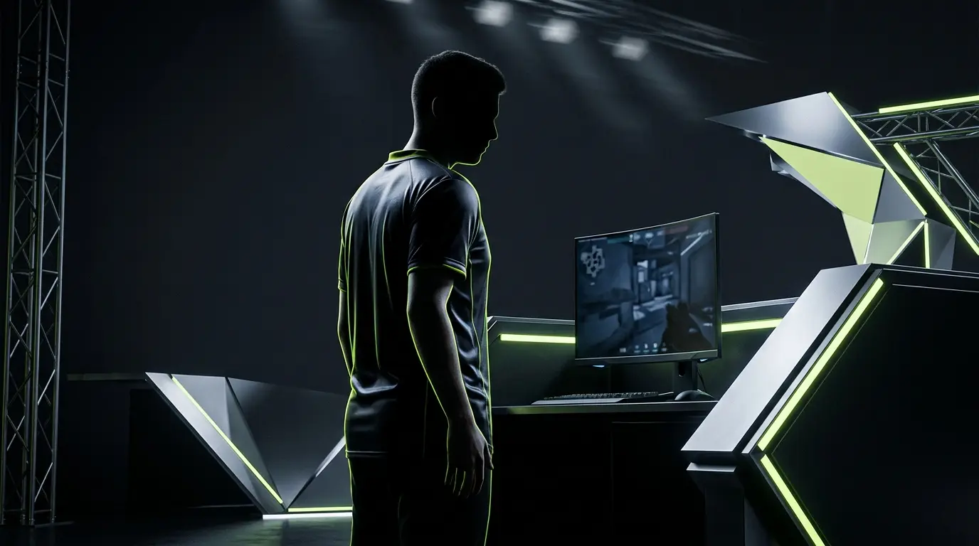 Faceless young esports player under neon-lime arena lights, symbolizing Team Liquid’s reported youth roster gamble