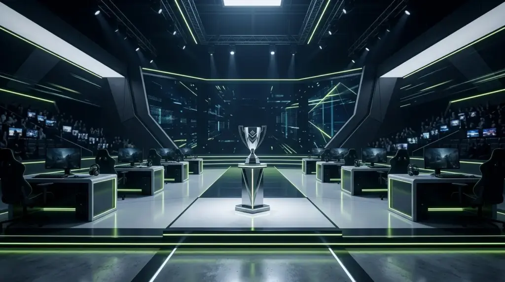 A neon-lit esports studio in Malta prepared for a major CS2 championship tournament