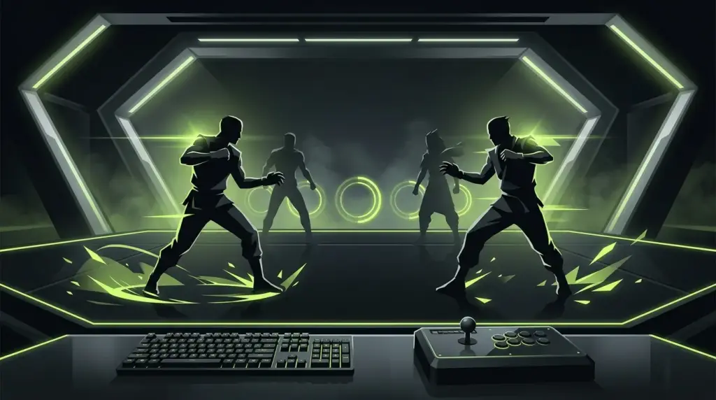 Stylized esports fighting arena representing Marvel Tōkon PC input fixes and slower character tags