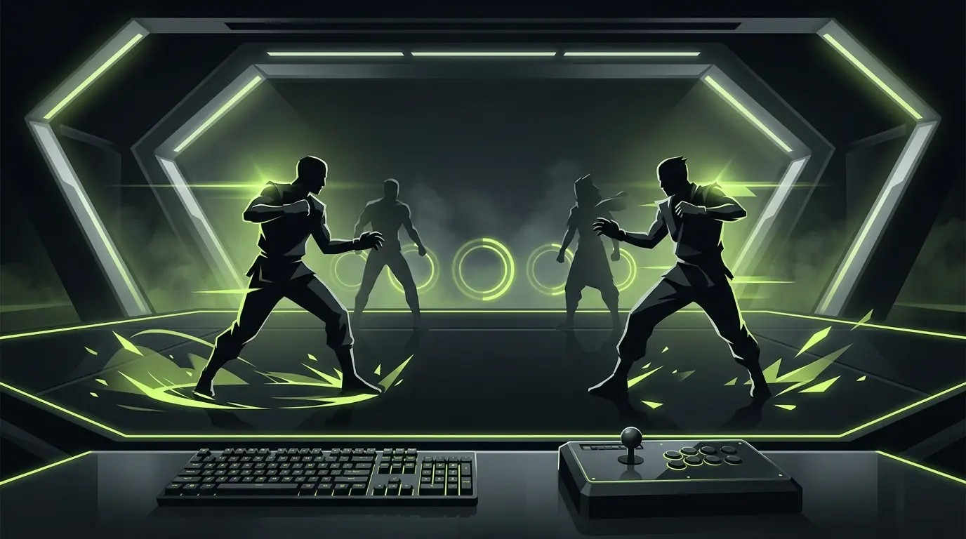Stylized esports fighting arena representing Marvel Tōkon PC input fixes and slower character tags
