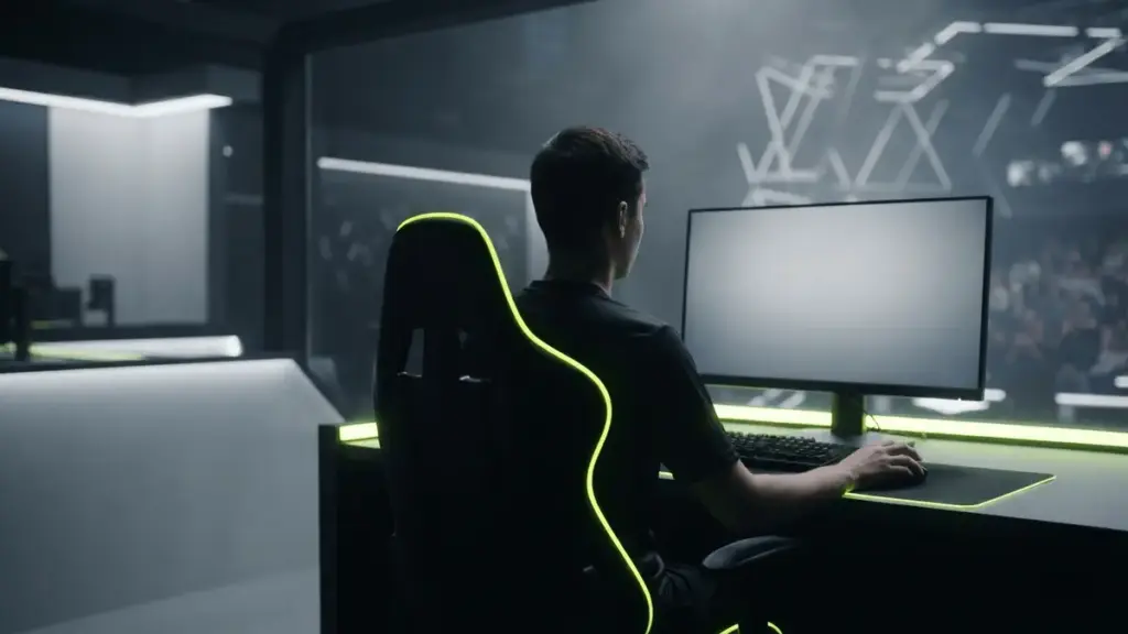 Anonymous esports player at a lime-lit gaming station in a competitive arena
