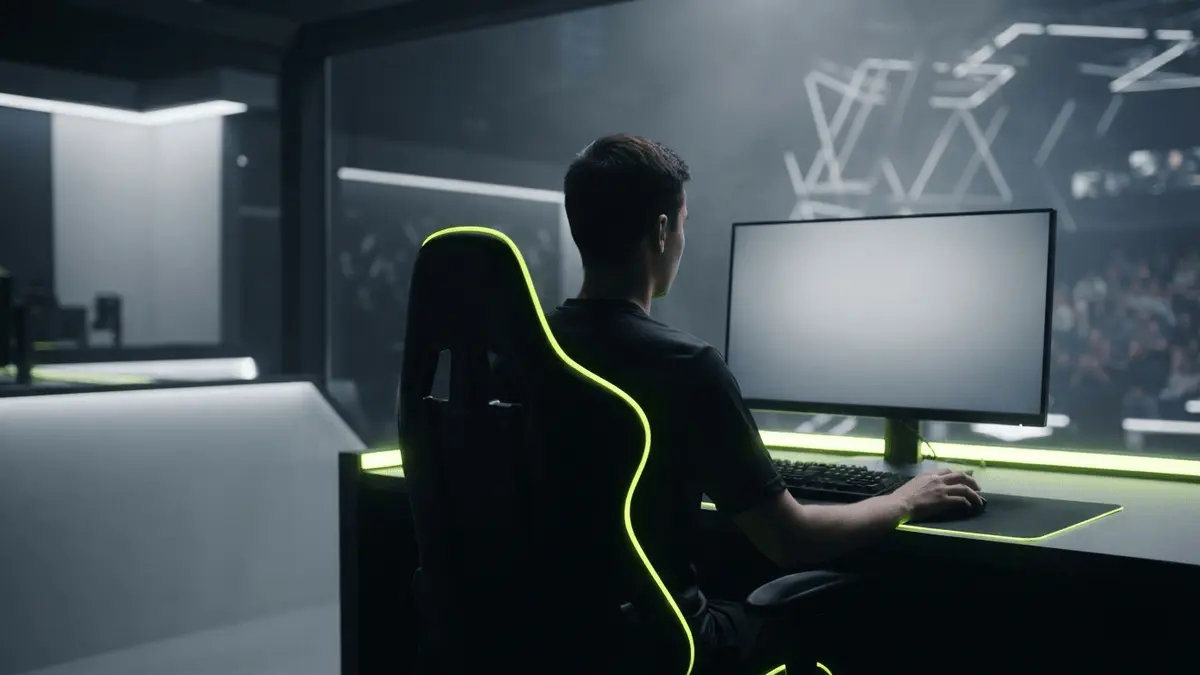 Anonymous esports player at a lime-lit gaming station in a competitive arena