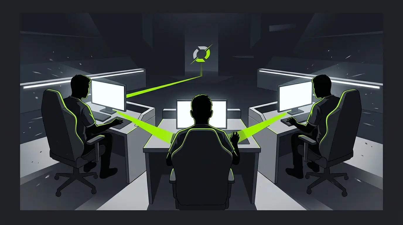 Three anonymous esports players in a neon-lit arena symbolizing a reported Carolina Royal Ravens roster rebuild
