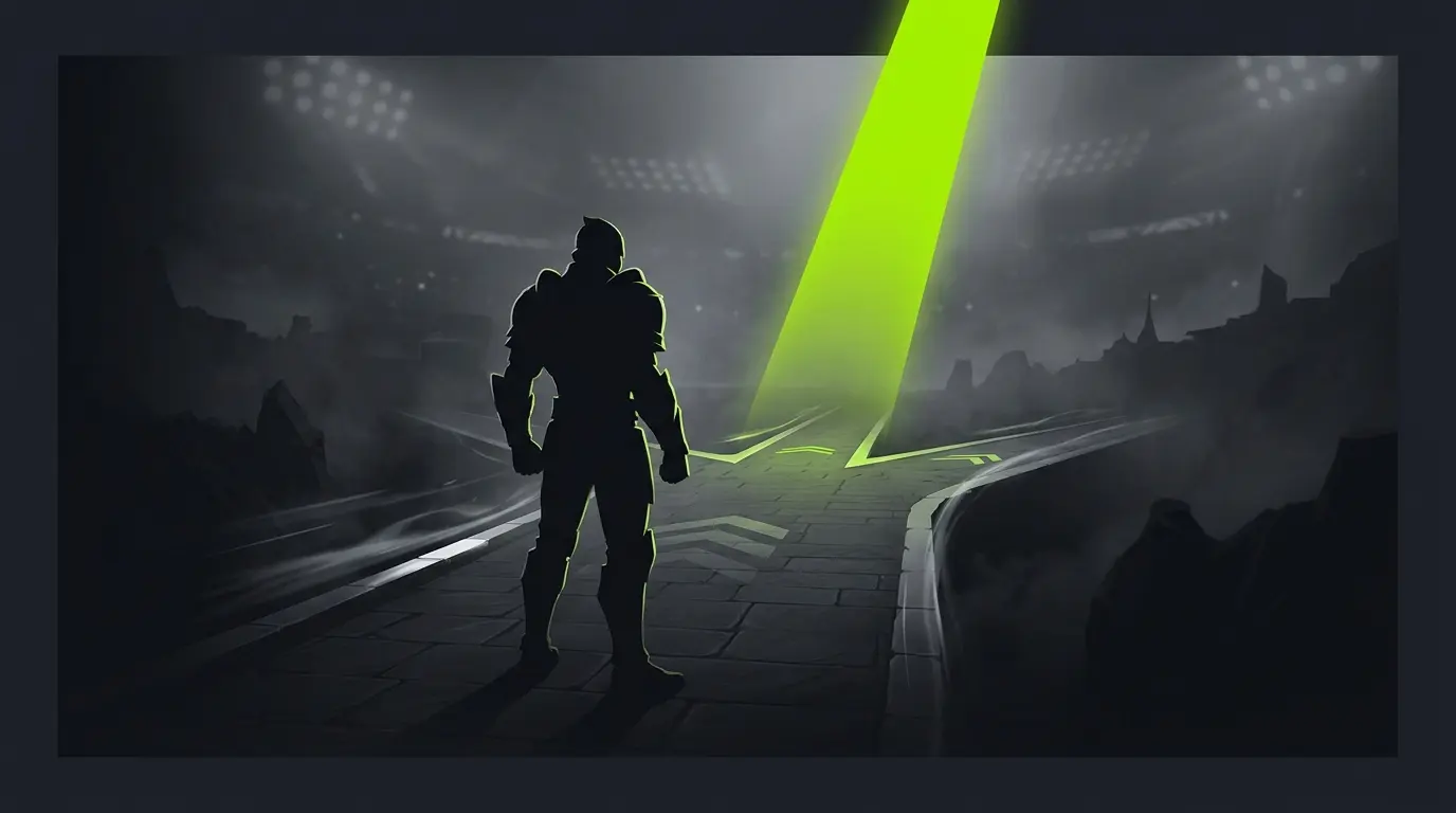 Armored esports champion silhouette under a neon signal in a dark tournament arena