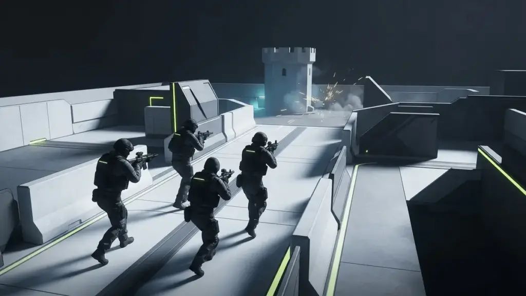 Anonymous three-player esports squad advancing through a geometric Rush arena toward a capture tower