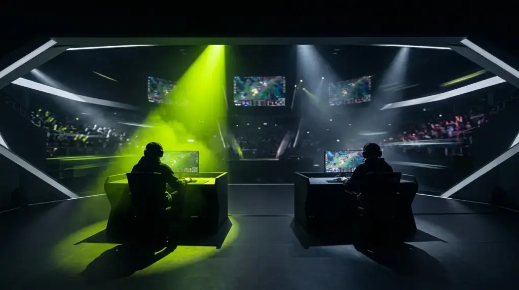 T1 esports players silhouetted in a tense playoff arena after surviving a decisive match against Dplus KIA