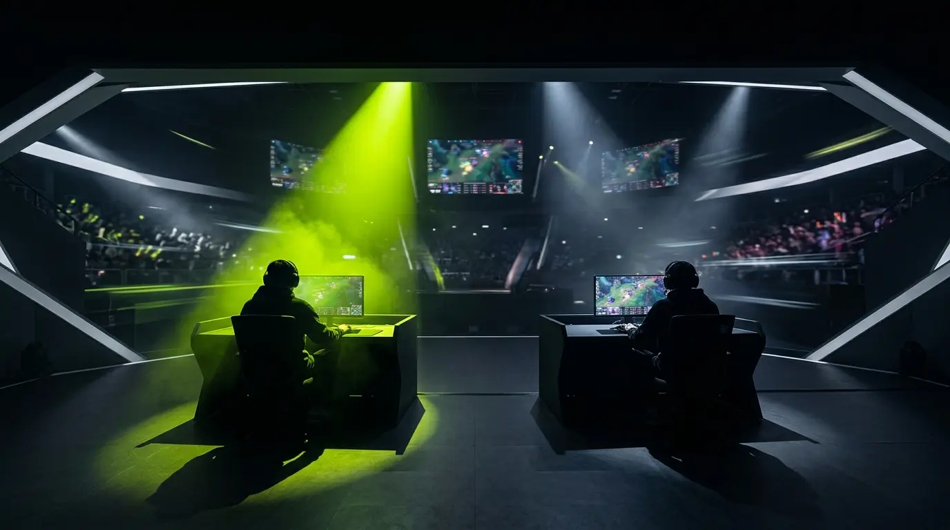 T1 esports players silhouetted in a tense playoff arena after surviving a decisive match against Dplus KIA