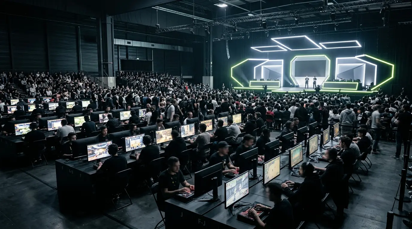 Wide view of a neon-lit fighting game tournament hall during the UFA2026 esports weekend