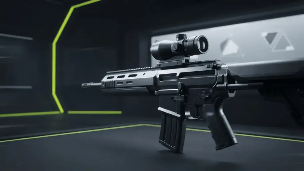 Scoped futuristic rifle on a tactical range with neon-lime esports performance lighting