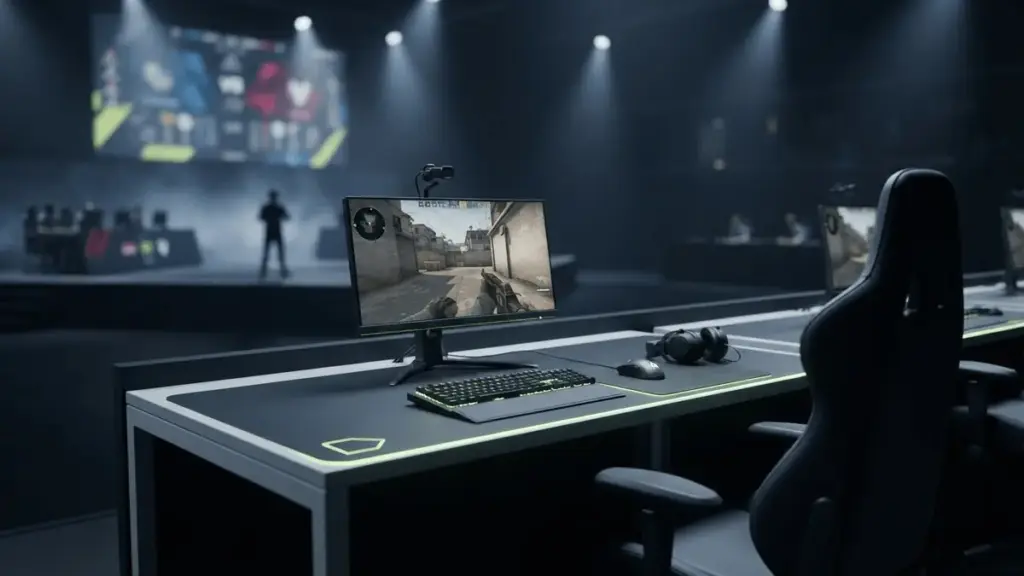 Empty esports station prepared for a reserve player during a tense Counter-Strike tournament