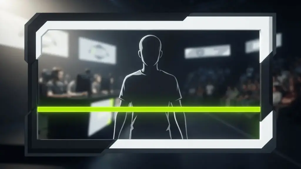 Editorial illustration of an AI-generated youthful figure stopped by a compliance barrier beside an esports broadcast setting