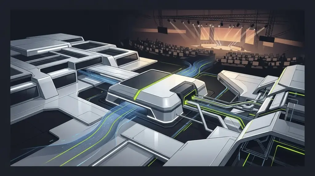 Abstract sportsbook technology systems converging above a glowing esports arena
