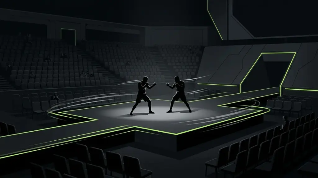 Stylized esports arena showing a fighting game’s ambitious scale and live-service pressure