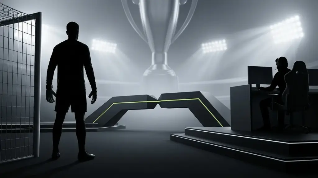 Anonymous football goalkeeper and esports player linked by a neon-lime investment bridge