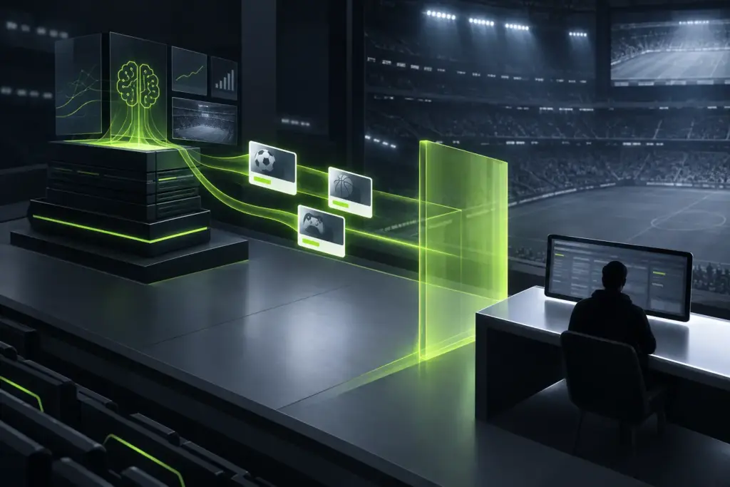 Abstract sportsbook AI promotion system viewed through a player-protection barrier