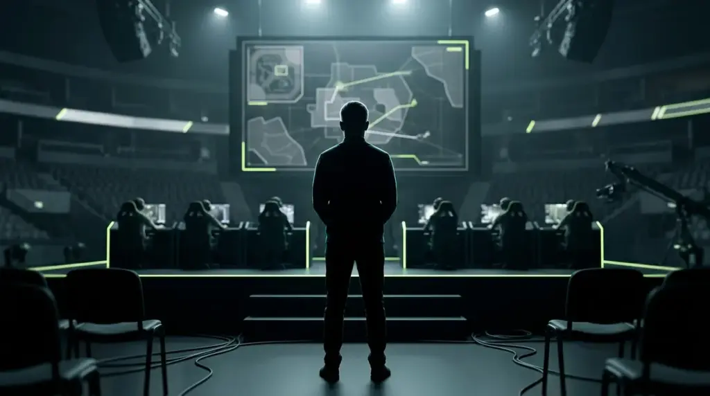 Silhouetted esports coach studying tactics during HEROIC’s first Stockholm test