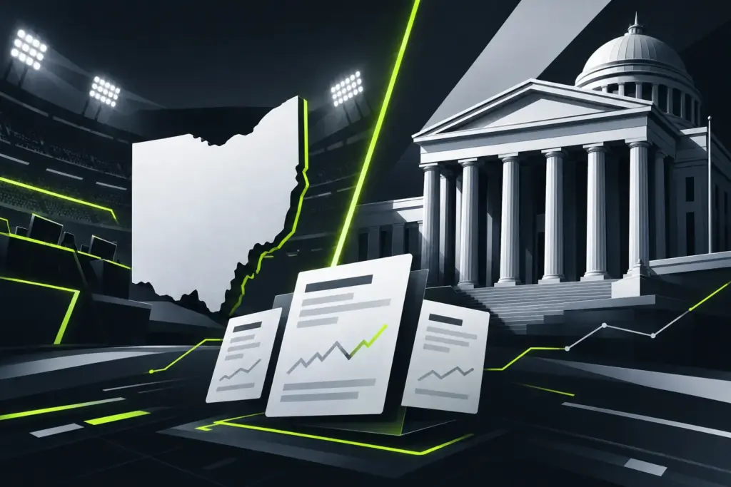 Abstract editorial illustration of Ohio and federal regulators divided over sports-style prediction contracts
