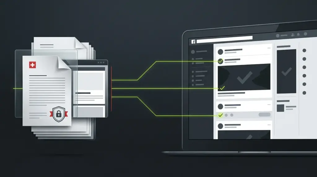 Abstract illustration of Swiss gambling licence data being checked by a social media enforcement system