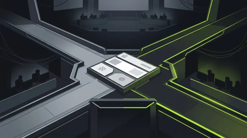 Abstract esports arena scene showing two regulatory paths for prediction markets